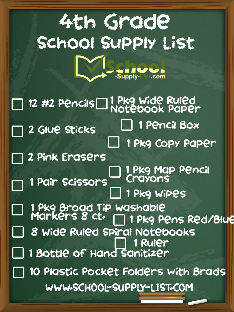 4th Grade School Supply List - Fourth Grade Back to School Checklist