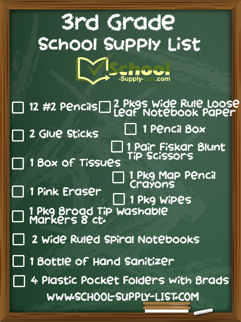 School Supply List Checklist For The 3rd Grade 2022 2023