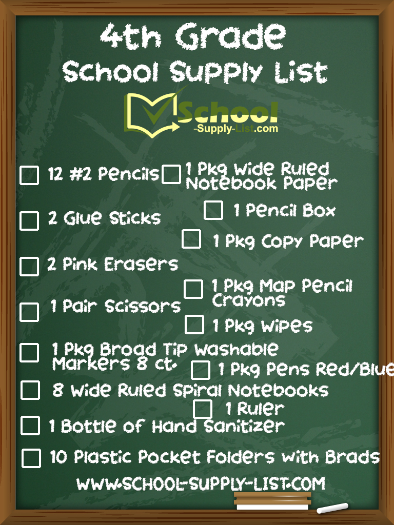 School Supply List Checklist For The 4th Grade 2022 2023