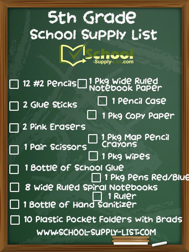 School Supply List Checklist For The 5th Grade 2021 2022