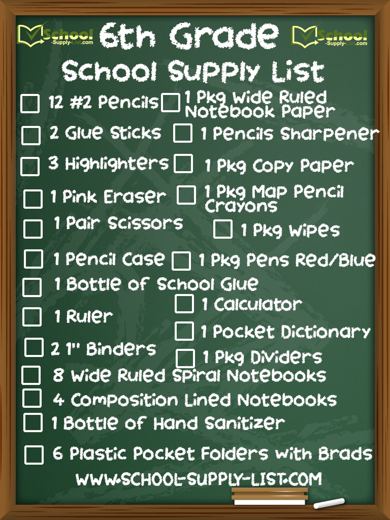School Supply List Checklist for the 6th Grade 20222023