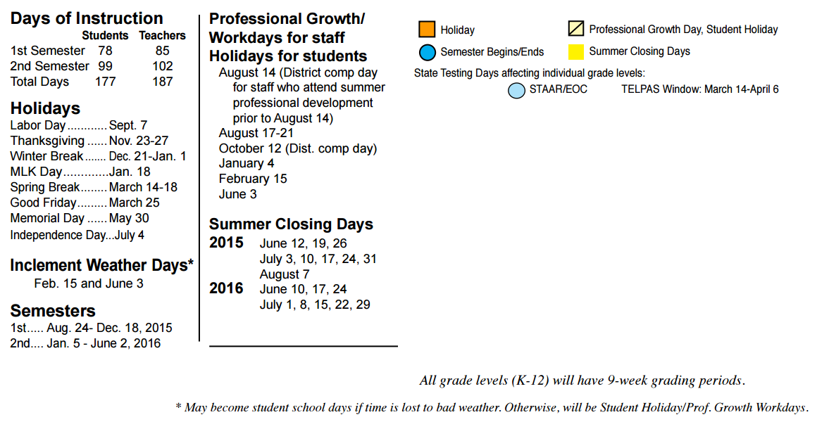 Humble Elementary School District Instructional Calendar Humble Isd 