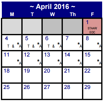 District School Academic Calendar for Martin De Leon Elementary for April 2016