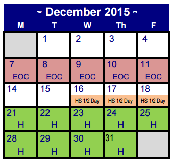 District School Academic Calendar for Martin De Leon Elementary for December 2015