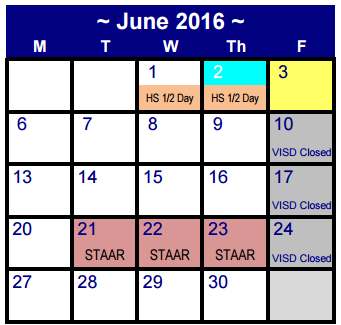 District School Academic Calendar for Martin De Leon Elementary for June 2016