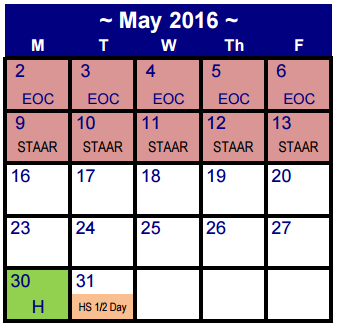 District School Academic Calendar for Martin De Leon Elementary for May 2016