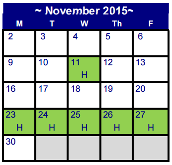 District School Academic Calendar for Martin De Leon Elementary for November 2015
