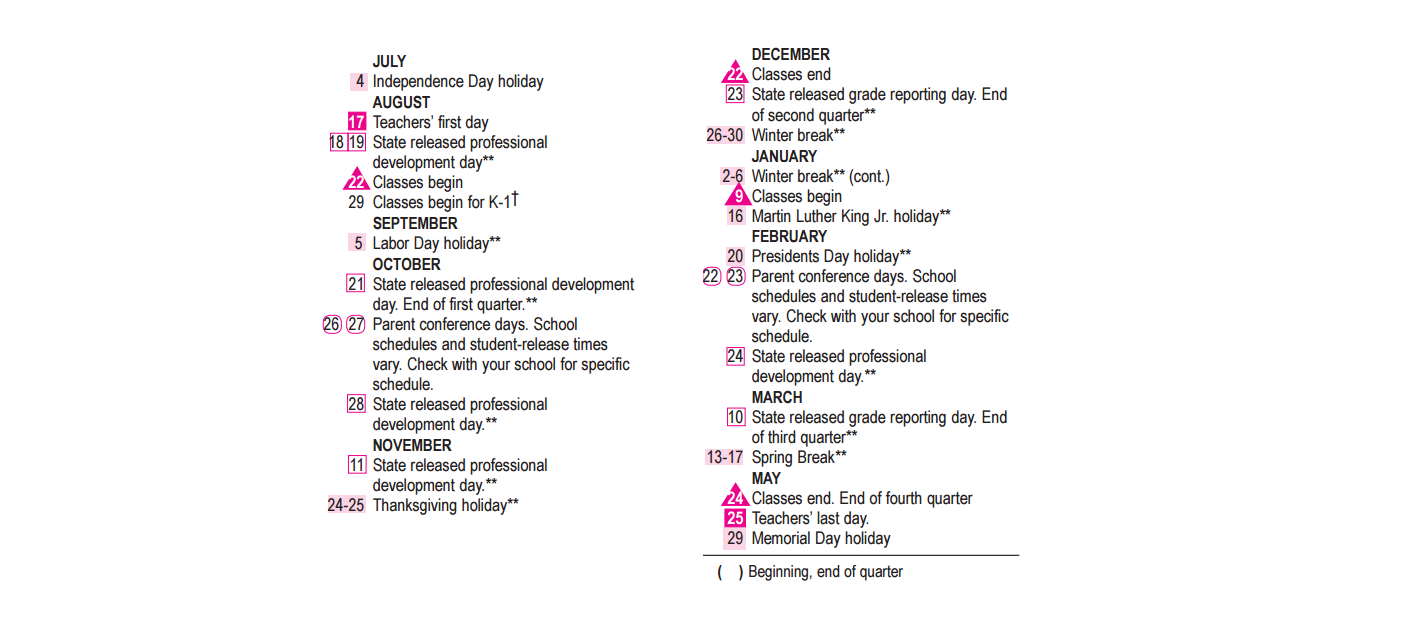 District School Academic Calendar Key for Klatt Elementary