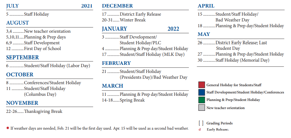 Westview Middle School School District Instructional Calendar