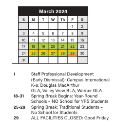 District School Academic Calendar for Sunbeam Elementary School for March 2024
