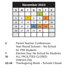 District School Academic Calendar for Miles Elementary School for November 2023
