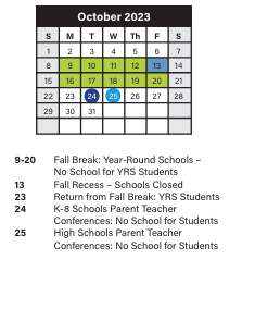 District School Academic Calendar for Sunbeam Elementary School for October 2023