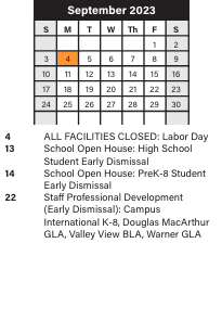 District School Academic Calendar for Artemus Ward @ Halle for September 2023