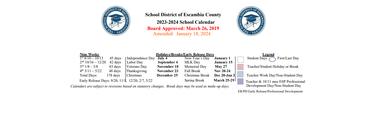 District School Academic Calendar Key for Escambia River Outward Bound