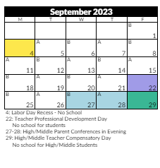 District School Academic Calendar for Oakdale School for September 2023