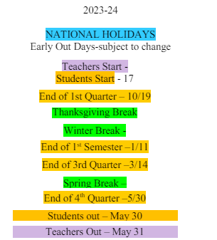 District School Academic Calendar Legend for Battle Mountain Junior High School