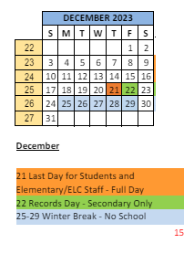 District School Academic Calendar for Belzer Middle School for December 2023