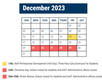 District School Academic Calendar for Arthur Chester A Sch for December 2023