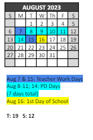 District School Academic Calendar for Belair Elementary School for August 2023