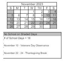 District School Academic Calendar for Ted Hunsberger Elementary School for November 2023