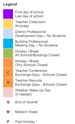 District School Academic Calendar Legend for Pleasant Hill Elementary School