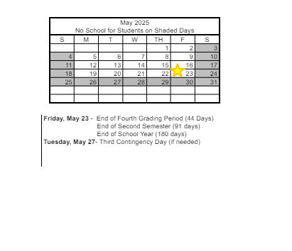 District School Academic Calendar for Clarence Piggott Elementary School for May 2025