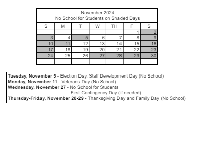 District School Academic Calendar for Myrtle Tate Elementary School for November 2024