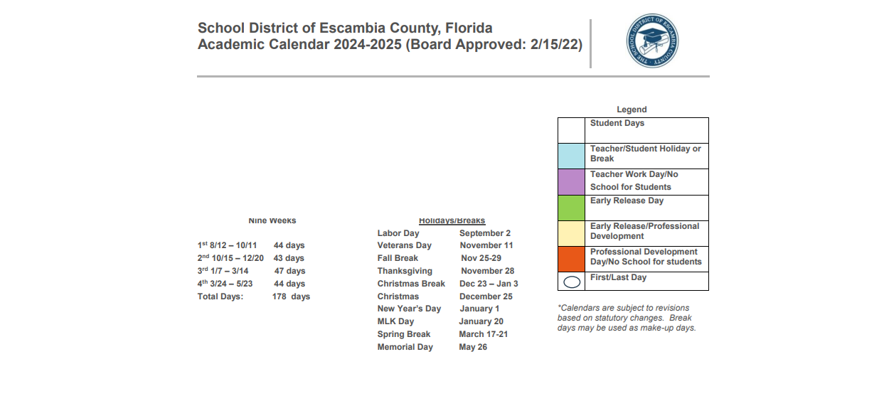 District School Academic Calendar Key for Brentwood Elementary School