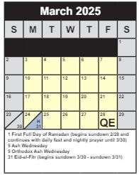 District School Academic Calendar for Cedar Lane Center for March 2025