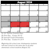 District School Academic Calendar for Oakdale School for August 2024