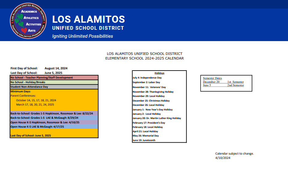 District School Academic Calendar Key for Los Alamitos Elementary