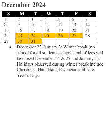 District School Academic Calendar for Swans Creek Elementary for December 2024