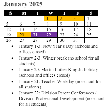 District School Academic Calendar for Swans Creek Elementary for January 2025