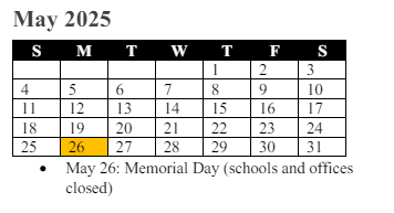 District School Academic Calendar for Swans Creek Elementary for May 2025