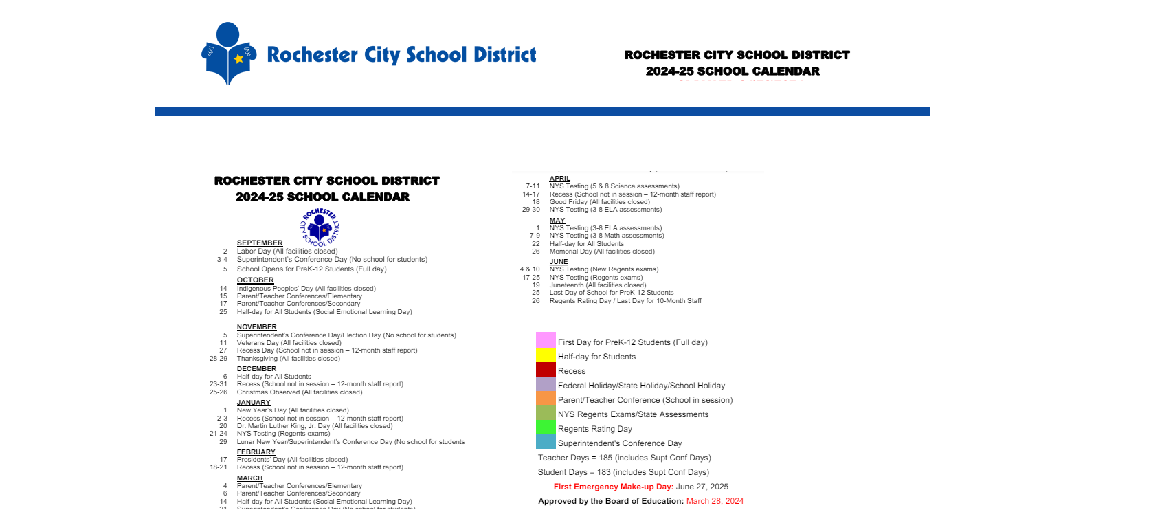 District School Academic Calendar Key for School 28-henry  Hudson