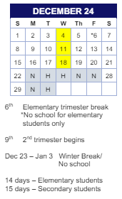 District School Academic Calendar for Birney for December 2024