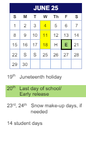 District School Academic Calendar for Downing for June 2025